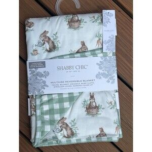 Shabby Chic Travel Baby Blanket Reversible Bunny Rabbit Green White Plaid New